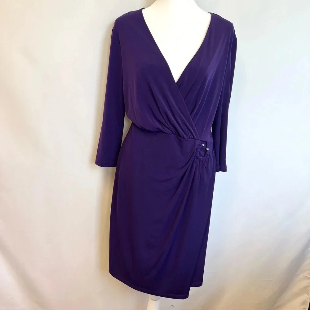 Calvin Klein Purple 3/4 Sleeve Faux Wrap Stretch Formal Dress Womens Size 10 - Picture 4 of 16